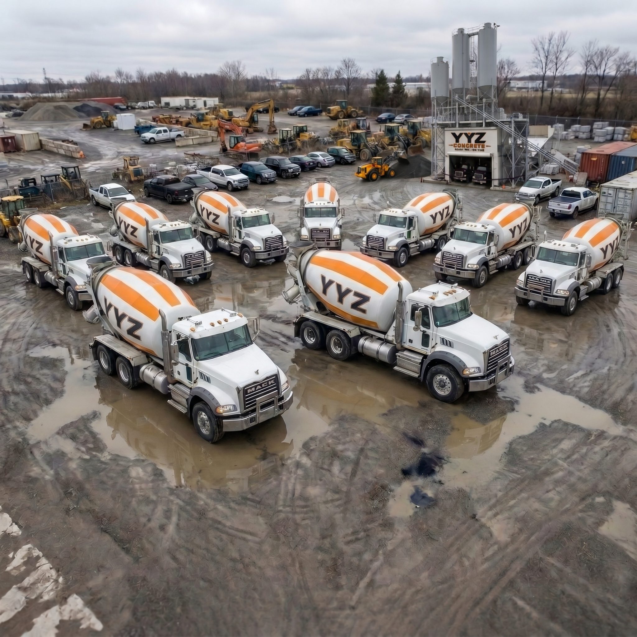 Concrete mixer truck on job site